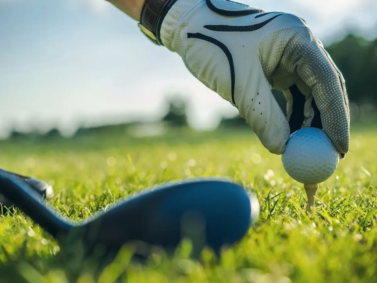 A golf ball placed on a tee in the grass