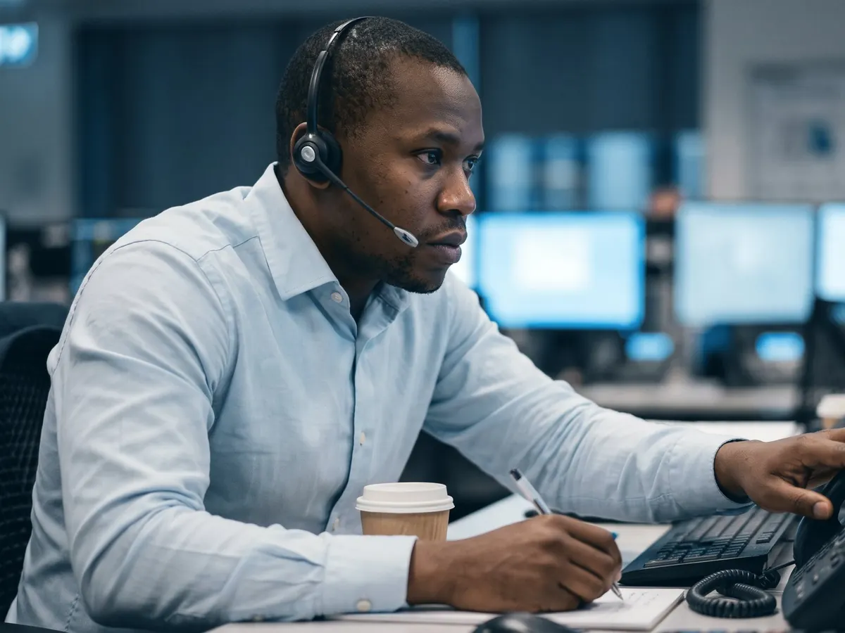 A dealer on the phone at a trading desk
