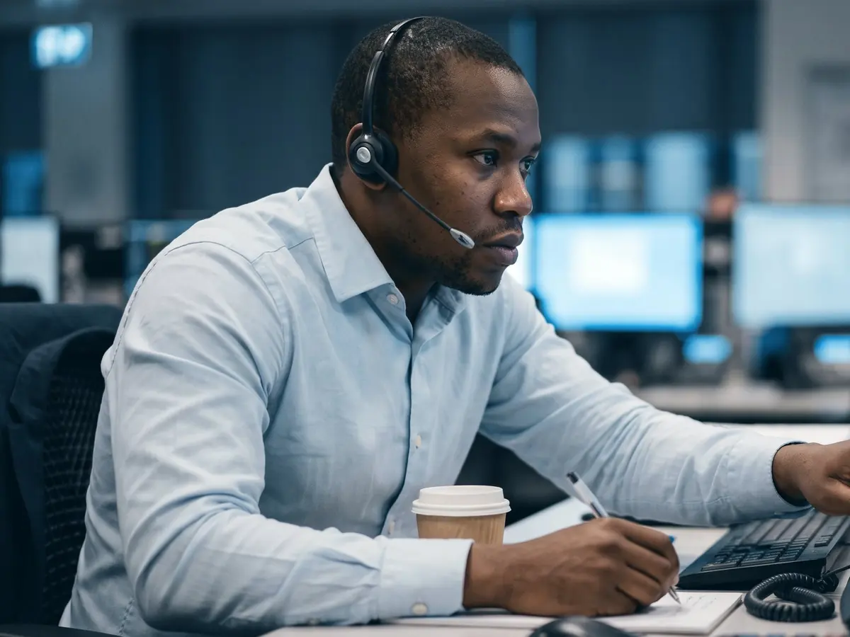 A dealer on the phone at a trading desk
