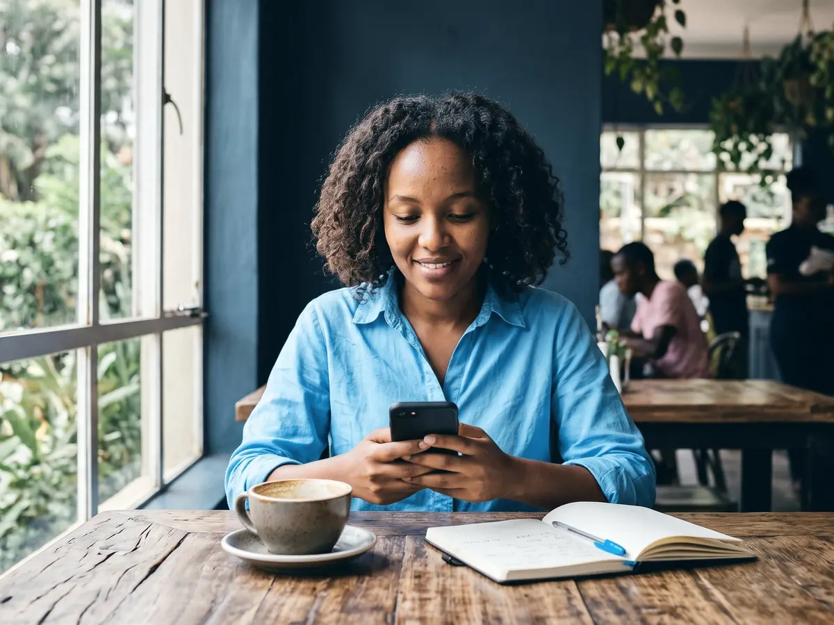 A woman checks her phone at a café table