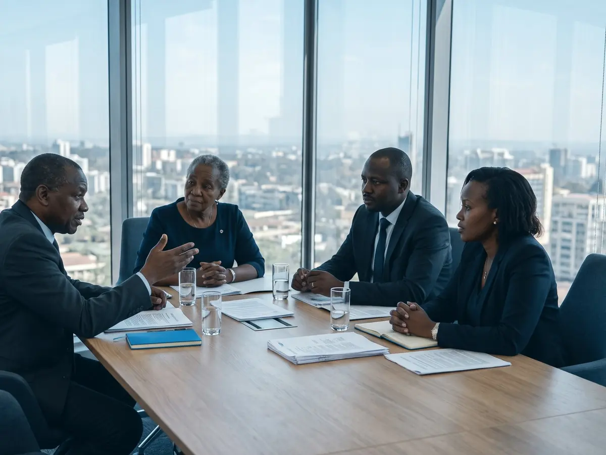 Trustees meet around a boardroom table overlooking the city