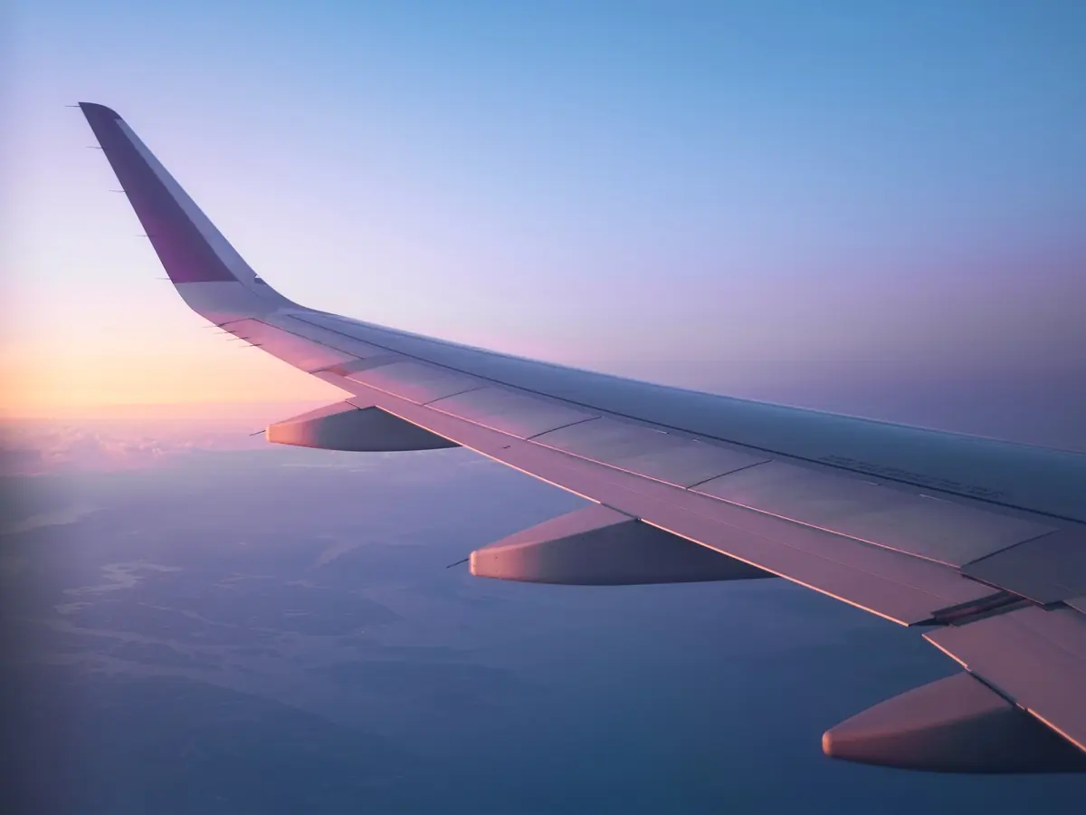 An aircraft wing over the land at dusk