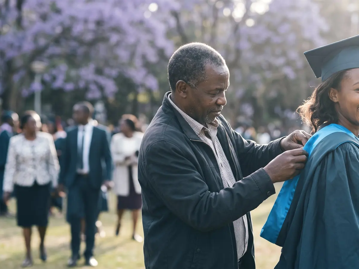 A father adjusts his daughter's graduation gown