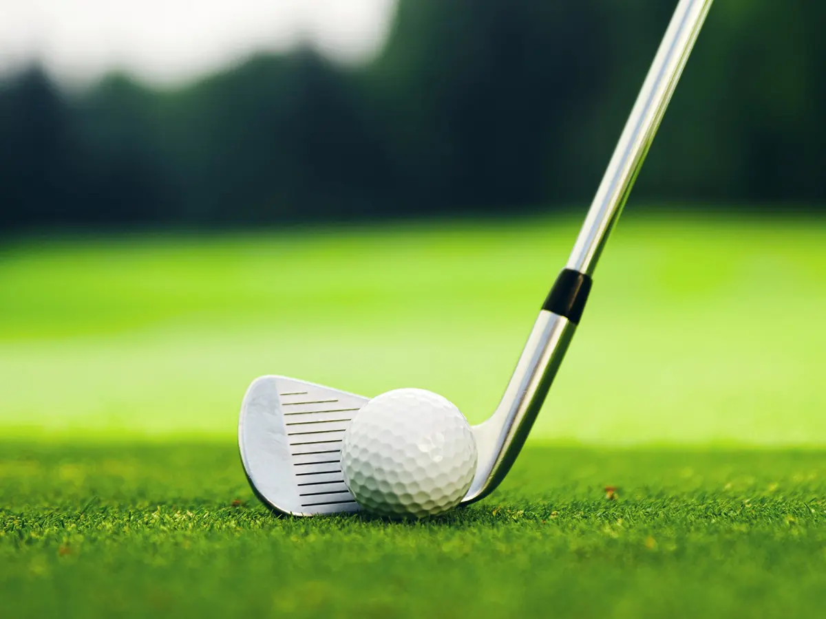 A golf club lines up a ball on the fairway
